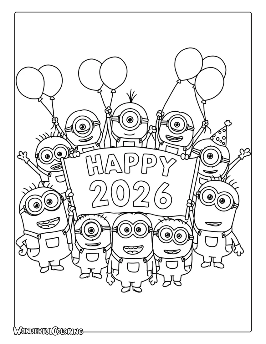 Minions 2026 Celebration with Banner Coloring Page