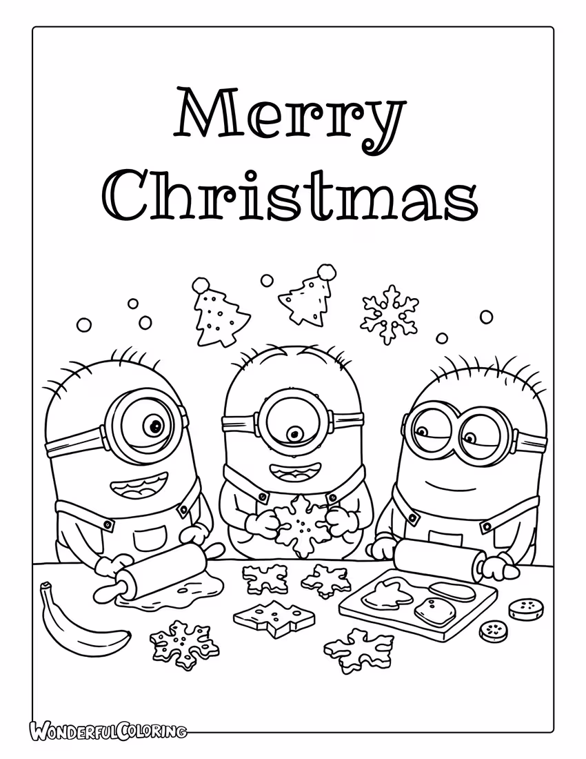 Minions baking Christmas cookies coloring page.