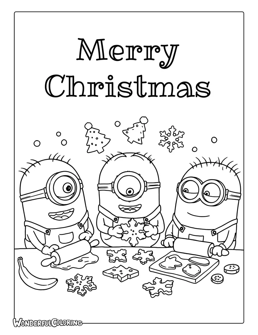 Minions baking Christmas cookies coloring page.