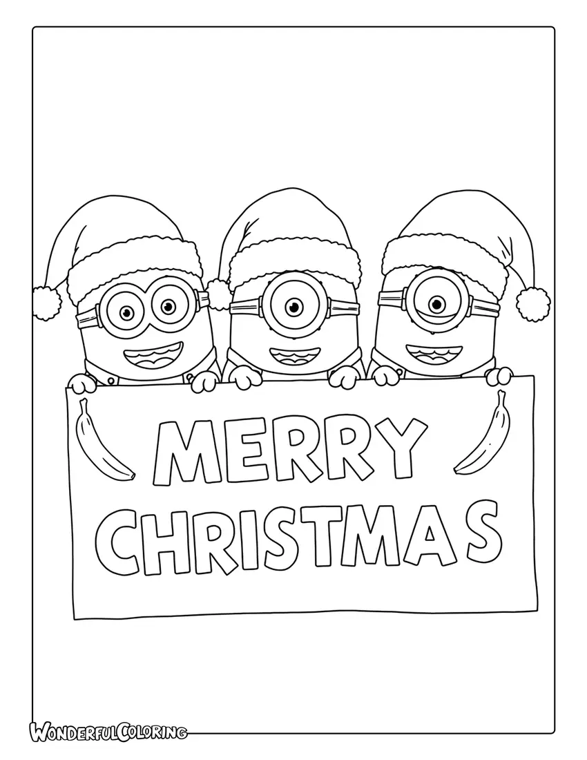 Minions holding Merry Christmas banner coloring page.