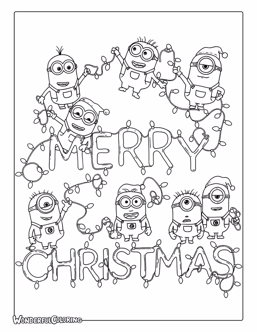 Minions making Merry Christmas light display coloring page.