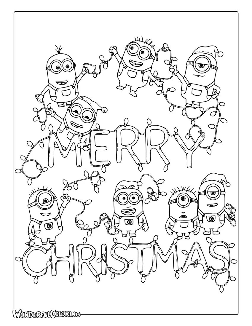 Minions making Merry Christmas light display coloring page.