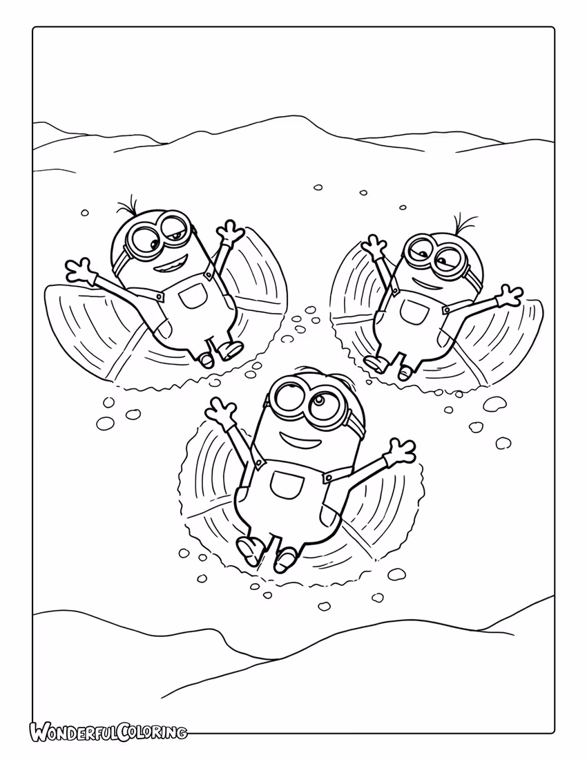 Minions making snow angels coloring sheet.