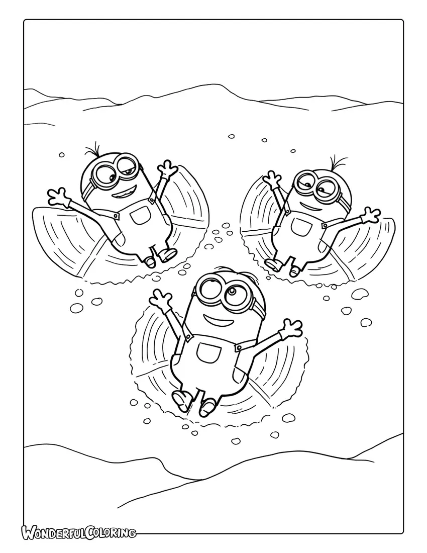 Minions making snow angels coloring sheet.