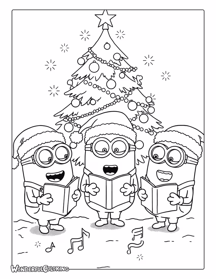 Minions singing Christmas carols coloring sheet.
