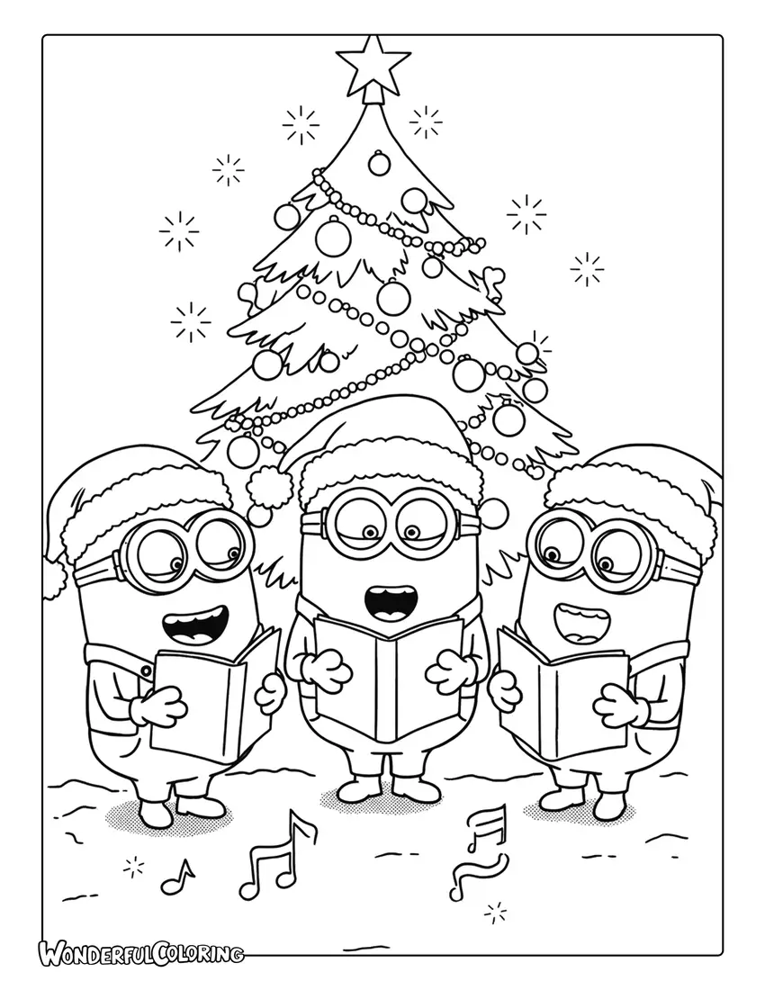Minions singing Christmas carols coloring sheet.