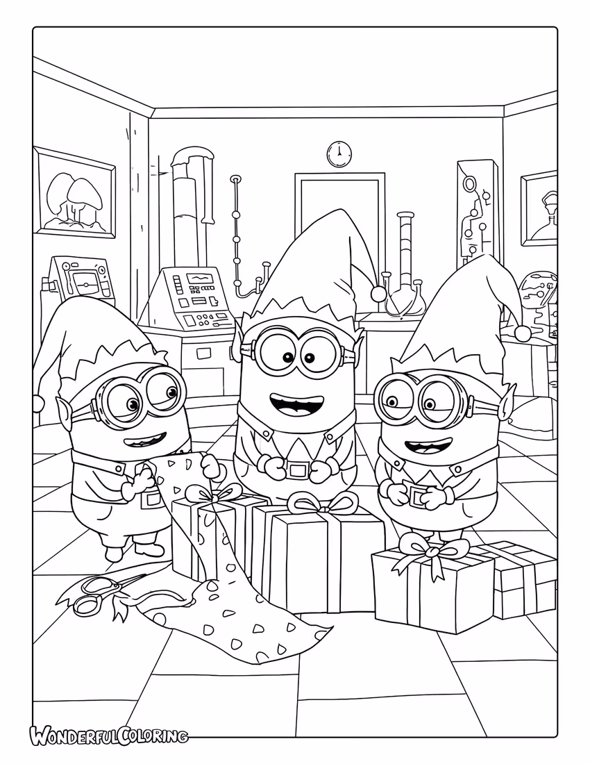 Minions in elf outfits wrapping gifts coloring page.