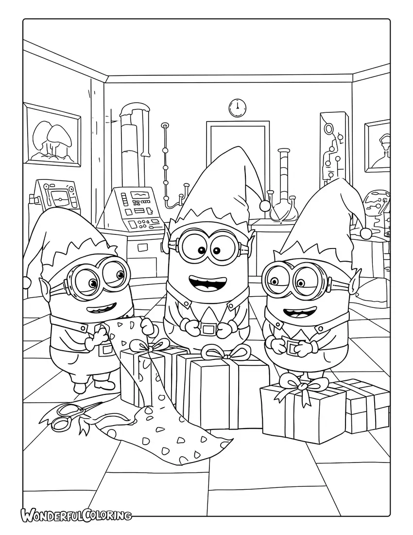 Minions in elf outfits wrapping gifts coloring page.