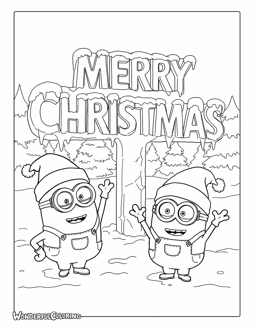 Two Minions with icy Merry Christmas text coloring sheet.