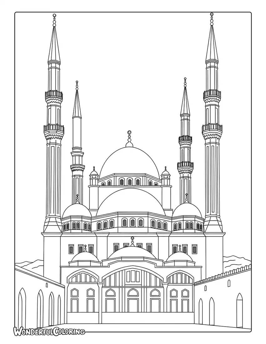 Mosque of Muhammad Ali coloring page with grand domes and towering minarets in Cairo