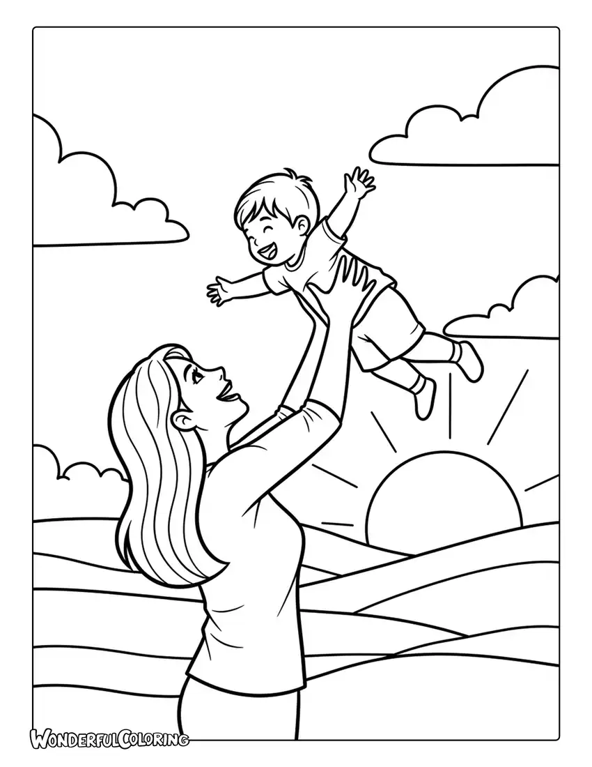 mother child sunset silhouette coloring page warm sky scene