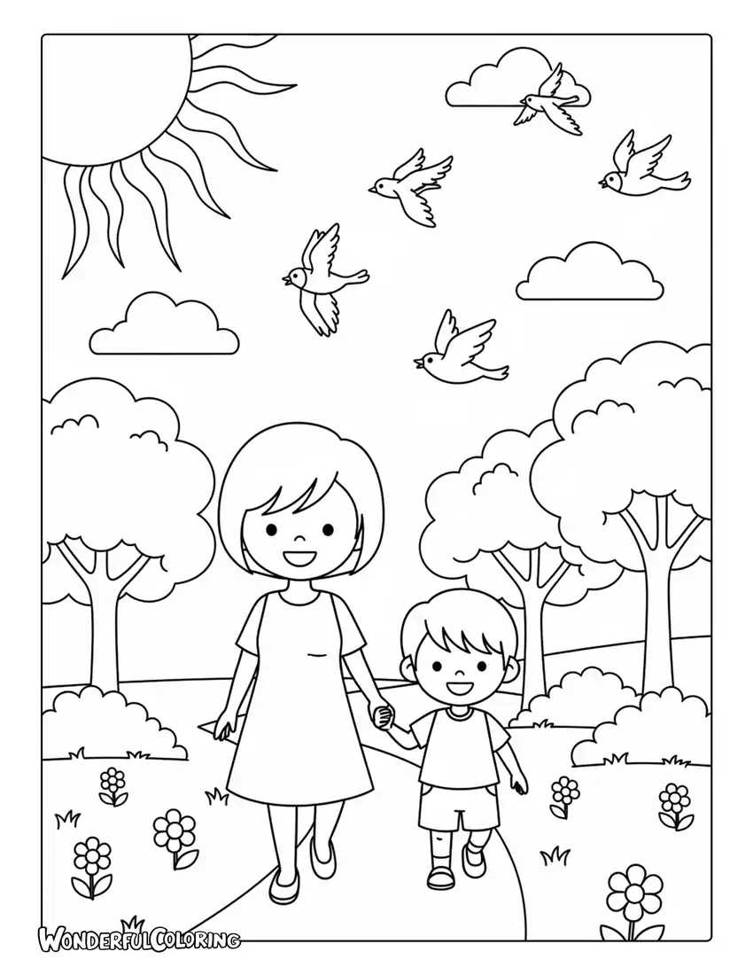mother child walking in park coloring page sunny day nature