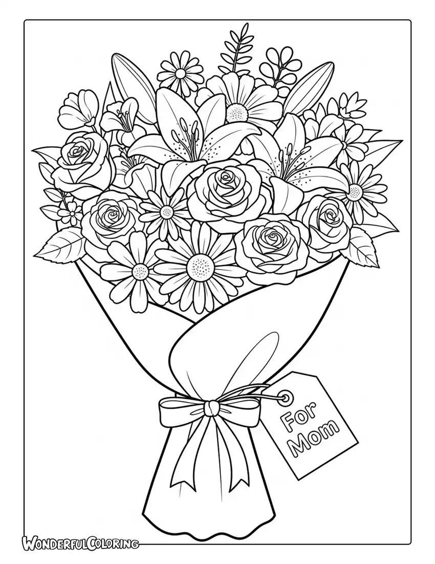 mothers day bouquet wrapped flowers coloring page ribbon tag
