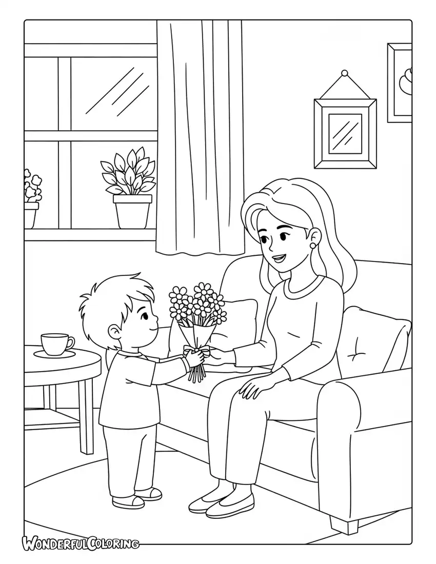 Mother’s Day child giving flowers to mom coloring page