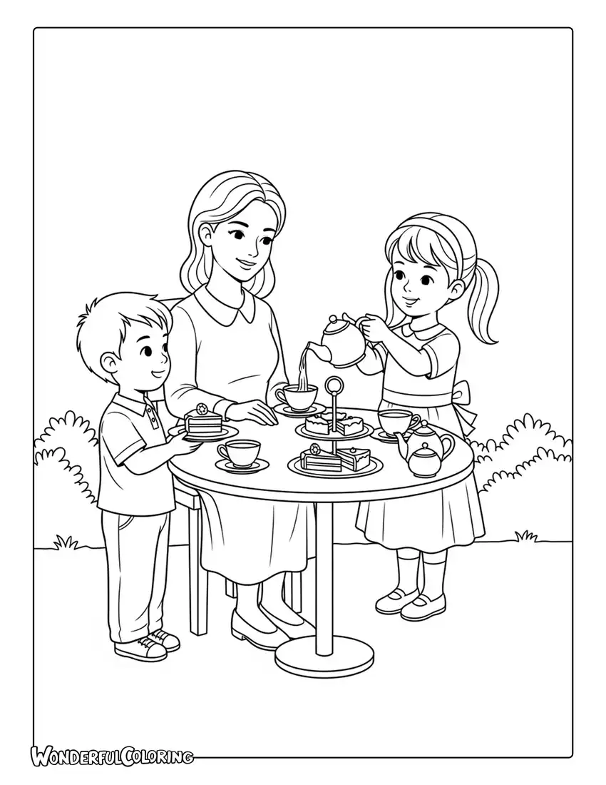mothers day tea party kids and mom coloring page cute table scene