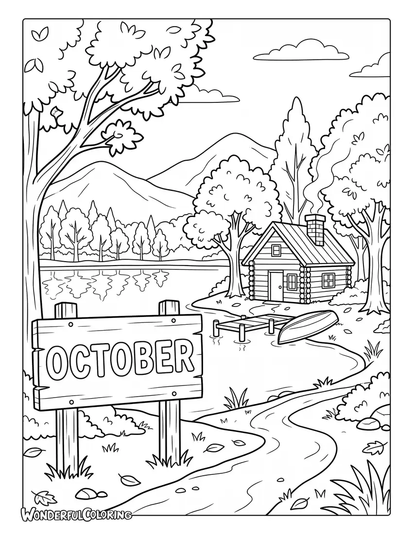 Mountain cabin autumn coloring page with lake, fall foliage, trees, and chimney smoke