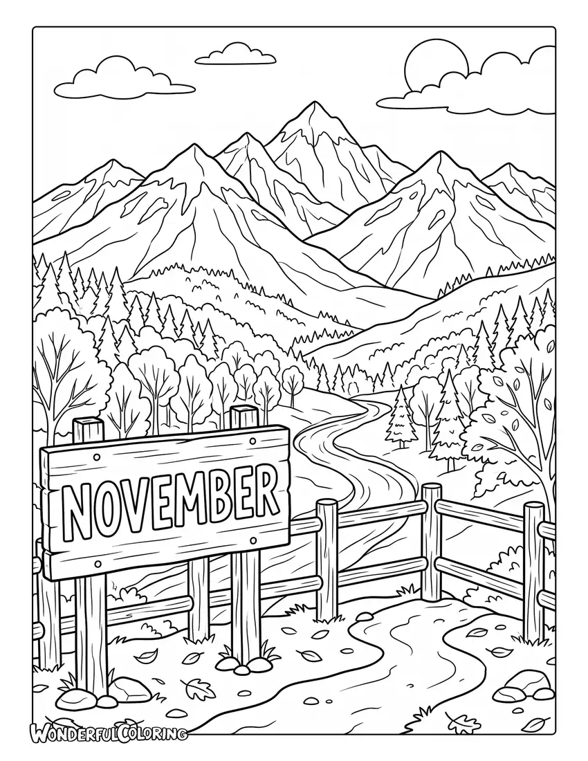 November mountain coloring page with snowy peaks, colorful autumn forests, scenic valley, and wooden overlook sign