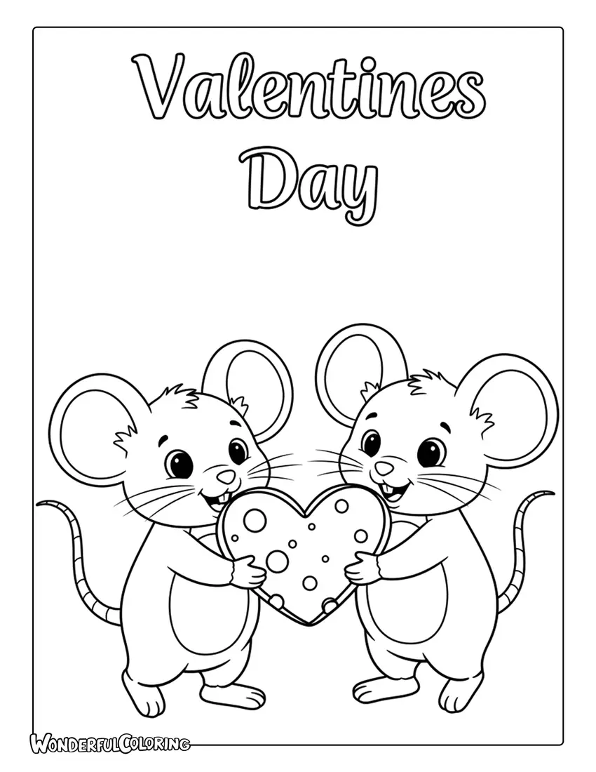 Mouse couple holding heart-shaped cheese Valentine coloring page