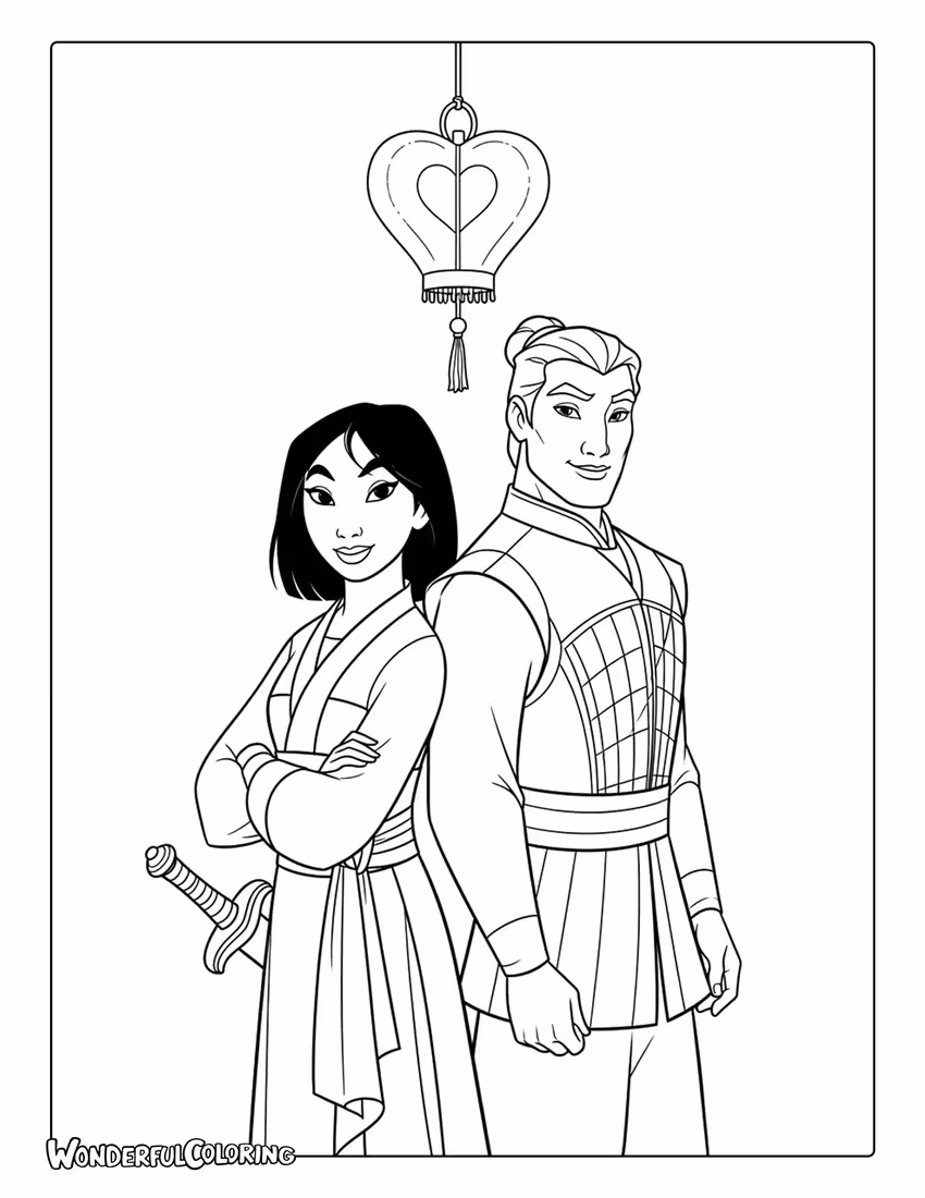 Mulan and Shang with heart lantern coloring page