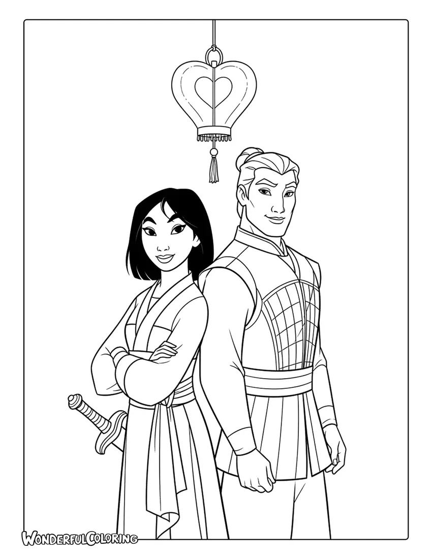 Mulan and Shang with heart lantern coloring page