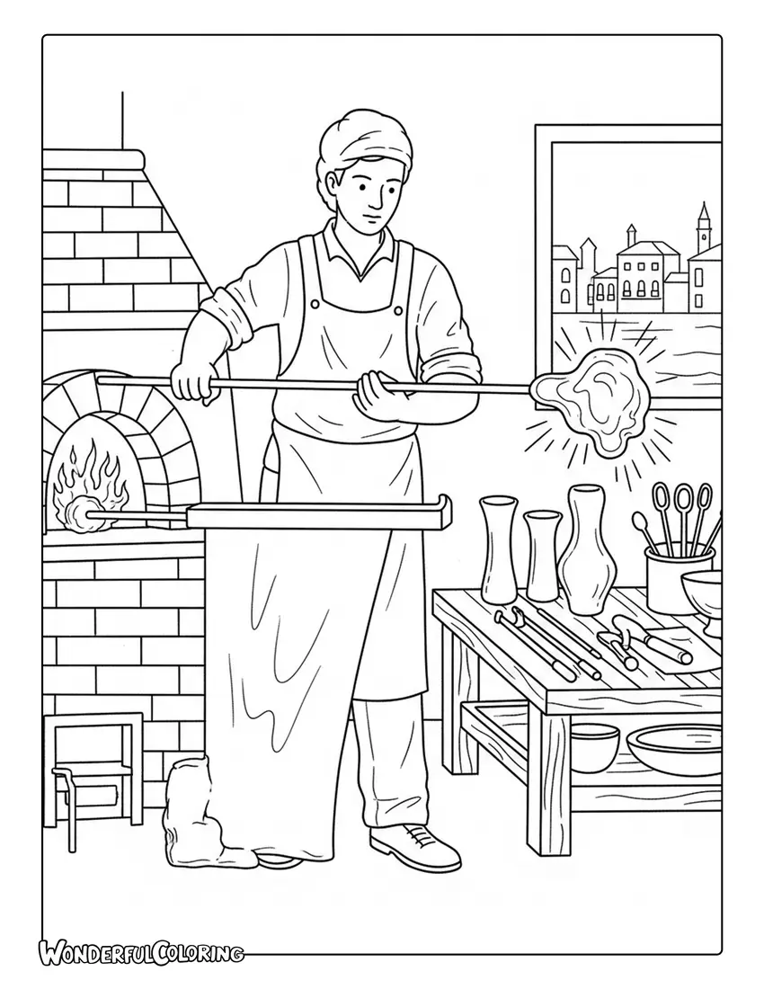 Murano glassblowing workshop Venice coloring page with artisan shaping molten glass