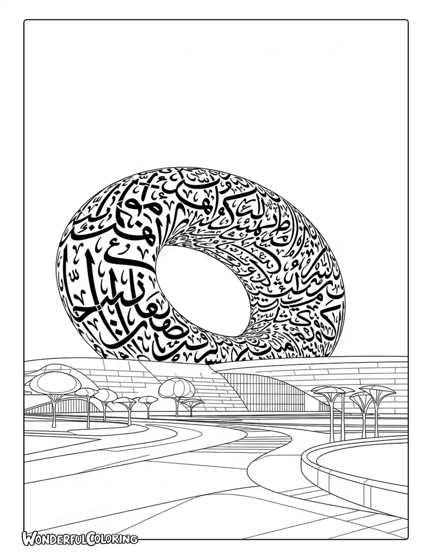Museum of the Future Dubai coloring page with futuristic architecture and Arabic patterns