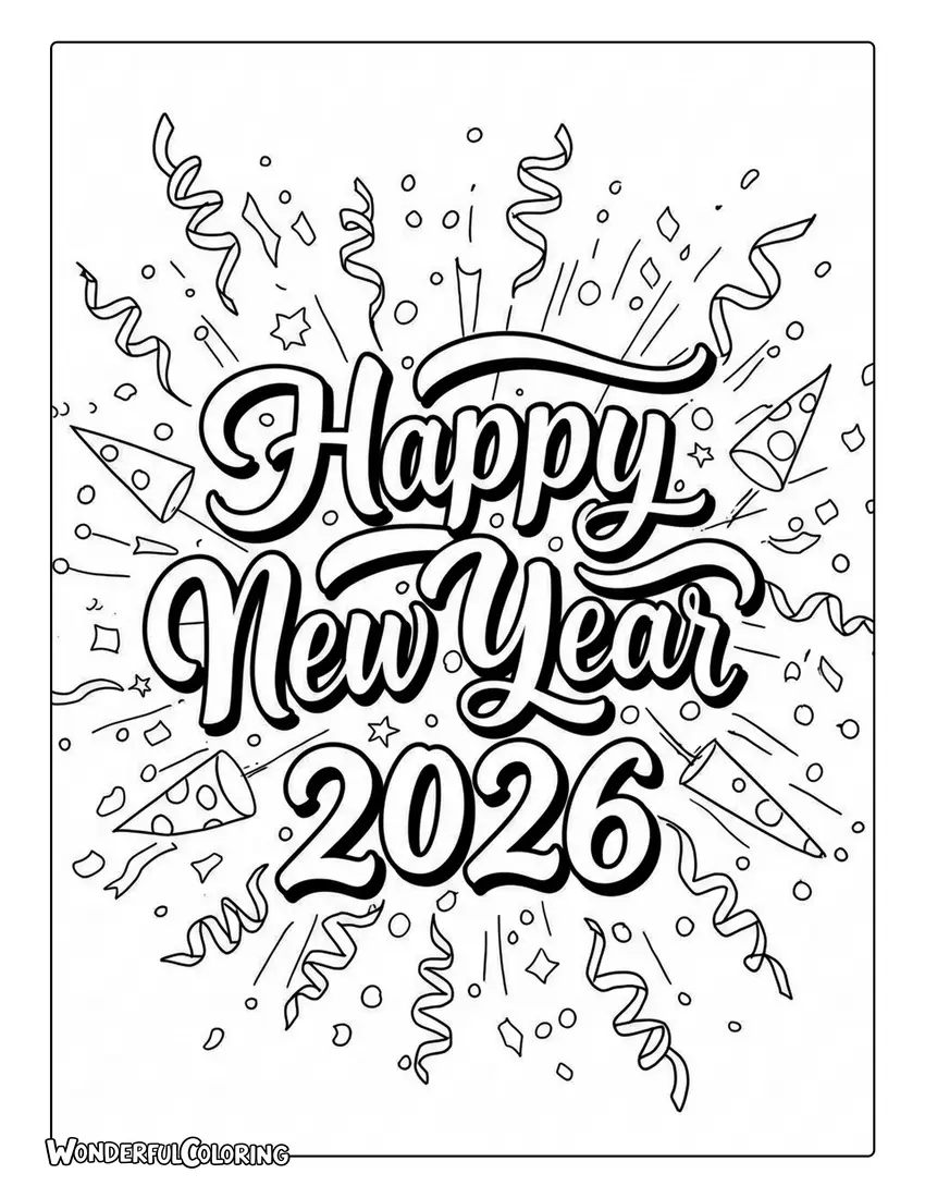 Happy New Year 2026 Coloring Page with Confetti Explosion