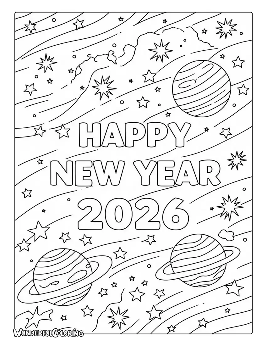 New Year 2026 cosmos Coloring Sheet with stars, planets, and galaxies.