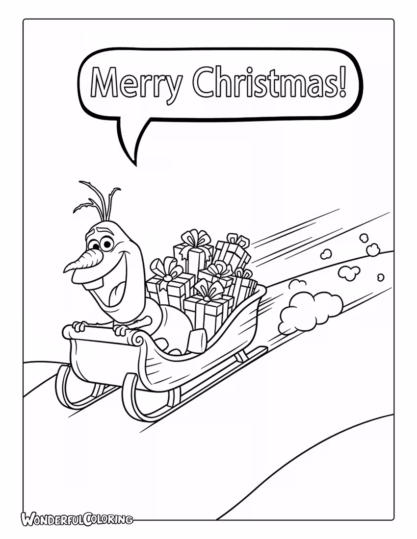 Olaf Riding Sleigh with Presents Coloring Page