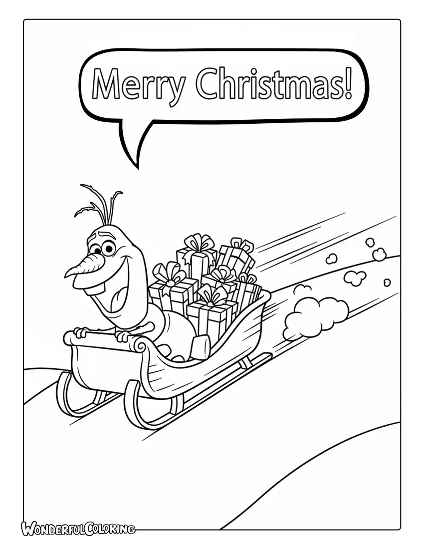 Olaf Riding Sleigh with Presents Coloring Page