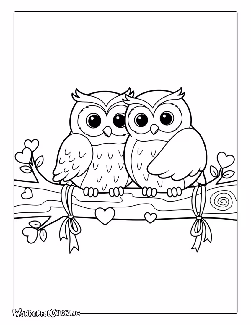 Owl couple cuddling on branch Valentine coloring page