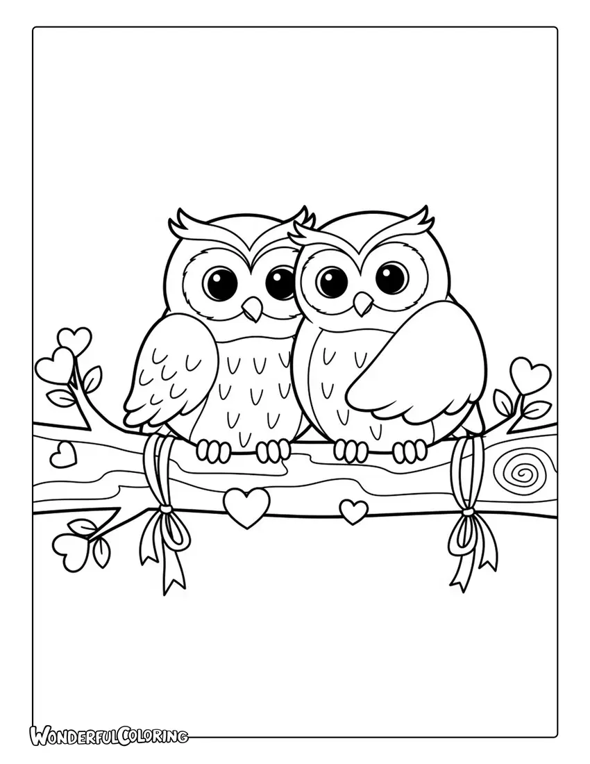Owl couple cuddling on branch Valentine coloring page