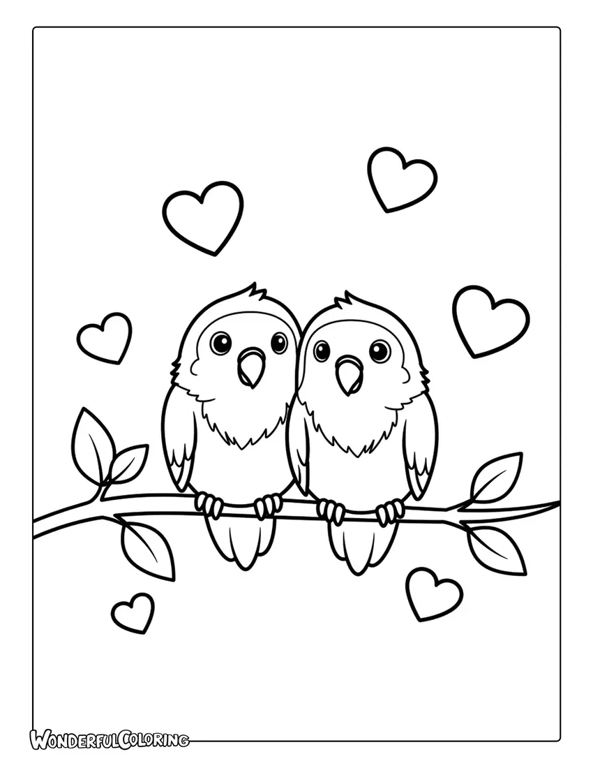 Pair of lovebirds sitting on a branch with hearts Valentine coloring page