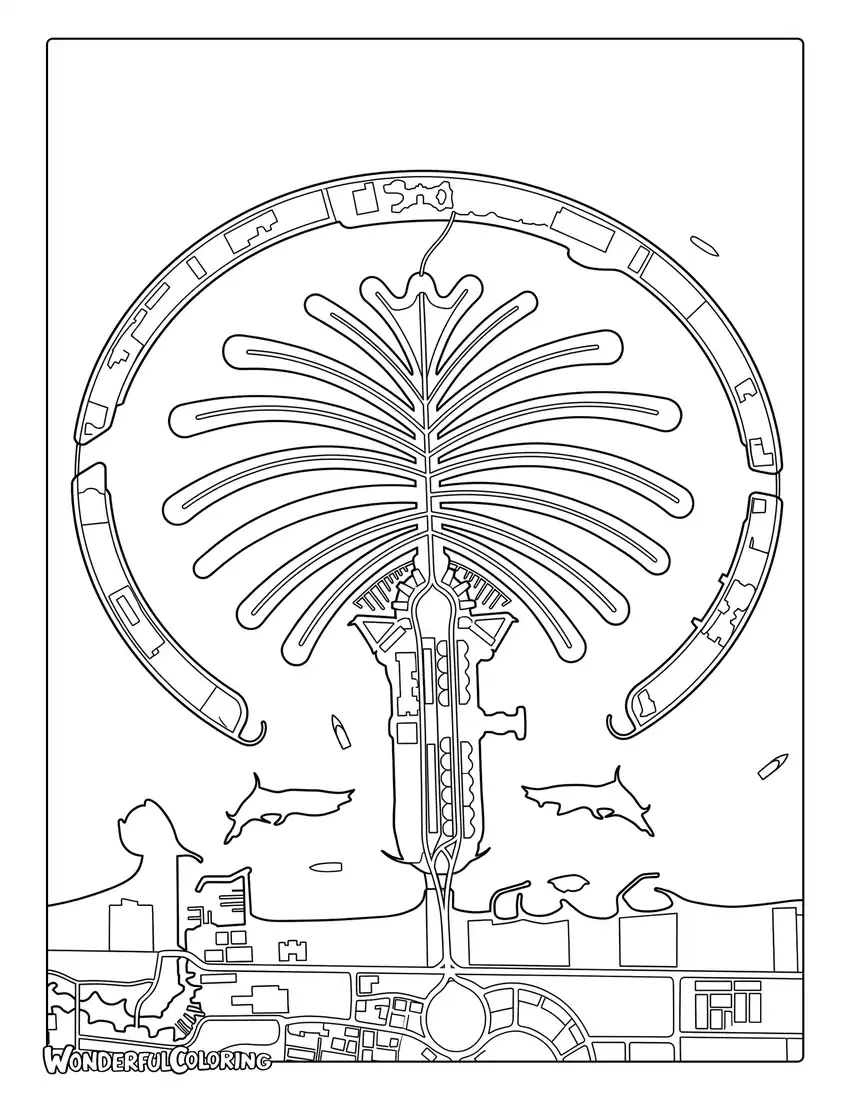 Palm Jumeirah aerial island coloring page showing palm-shaped layout and coastline