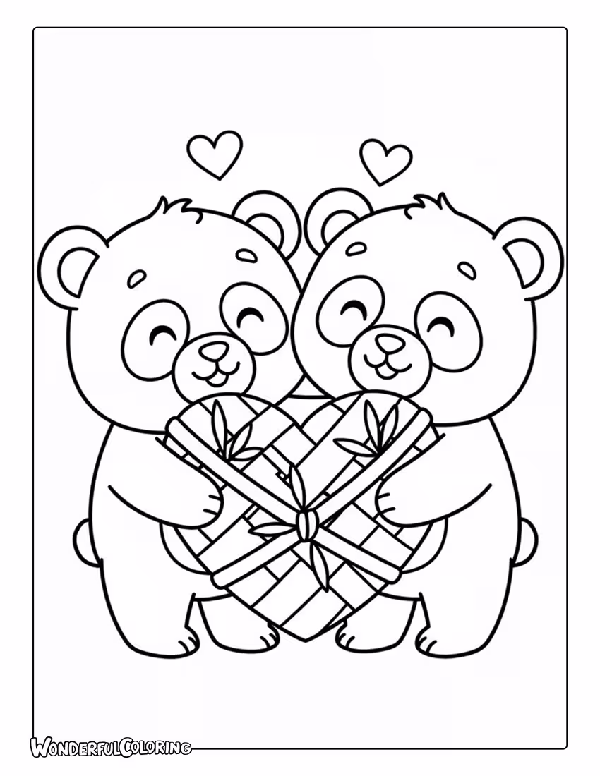 Panda couple hugging heart bamboo Valentine coloring page