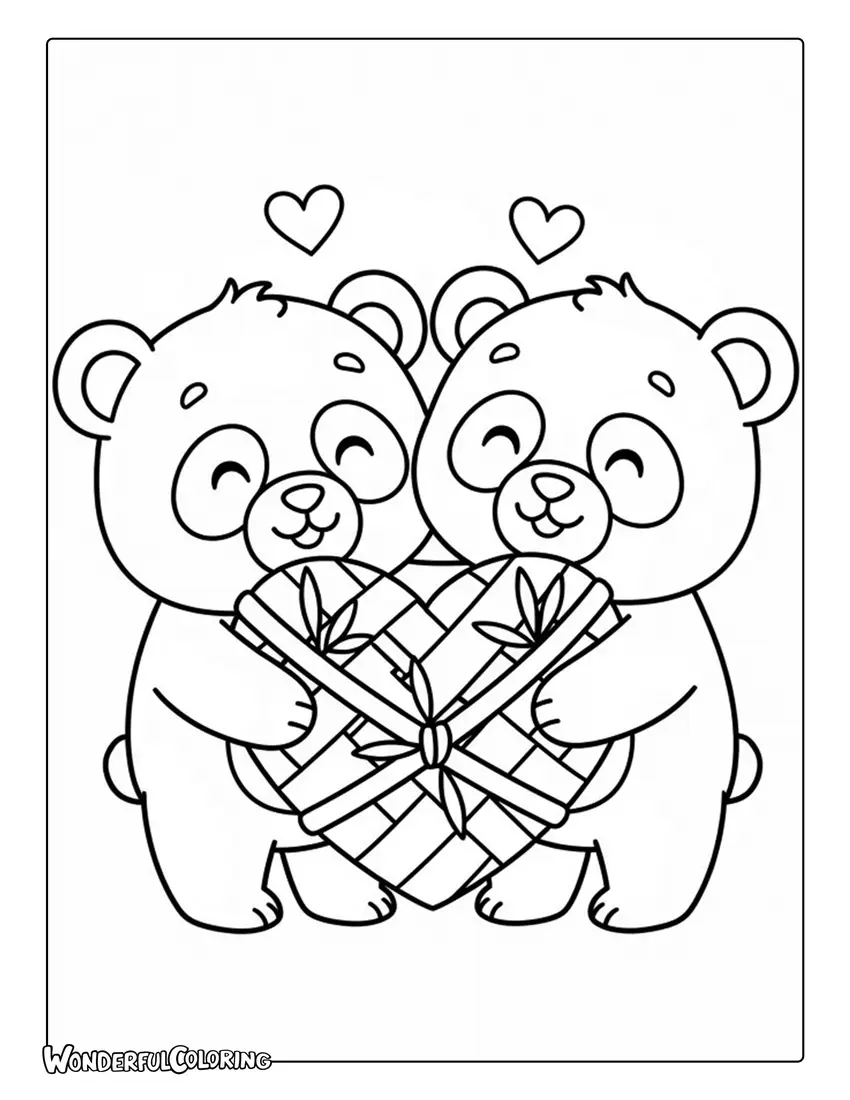 Panda couple hugging heart bamboo Valentine coloring page