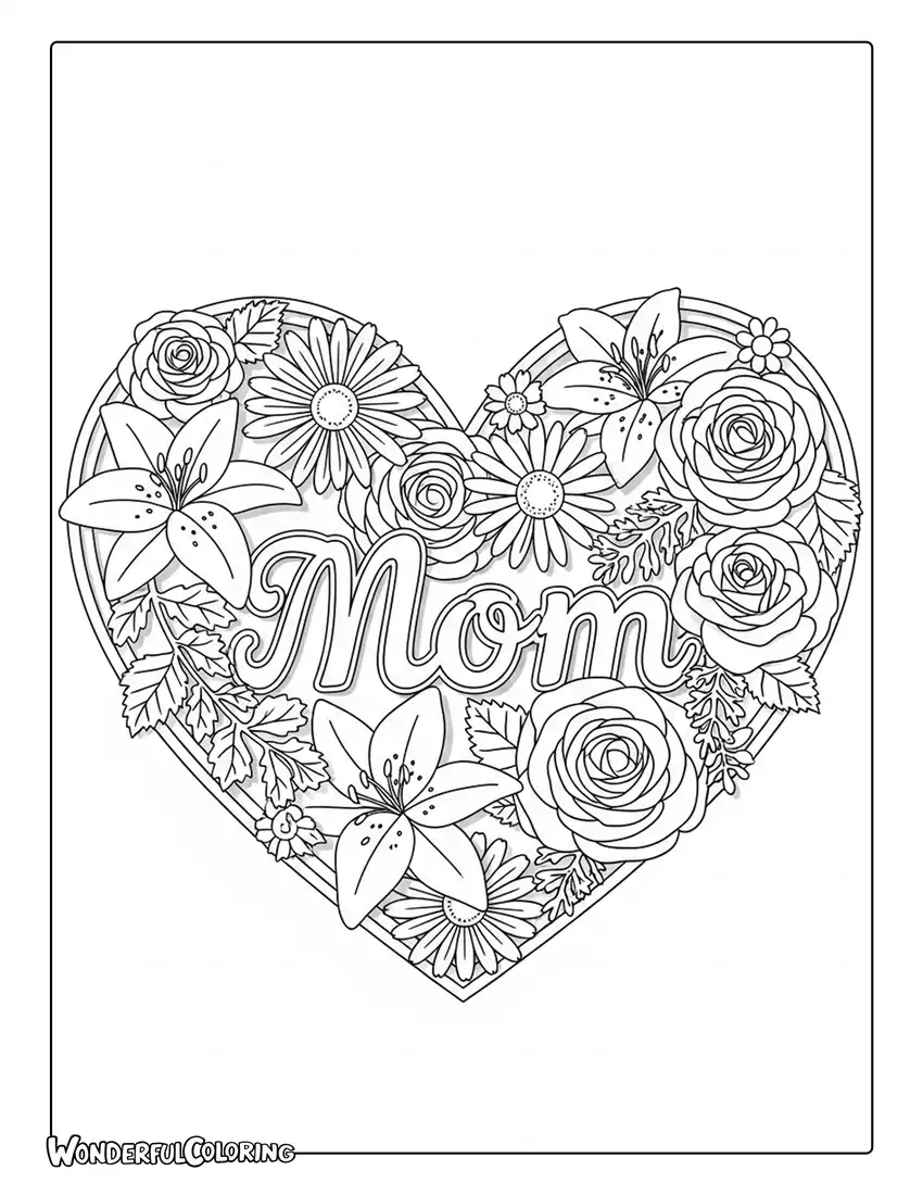 papercut floral heart mothers day coloring page layered design