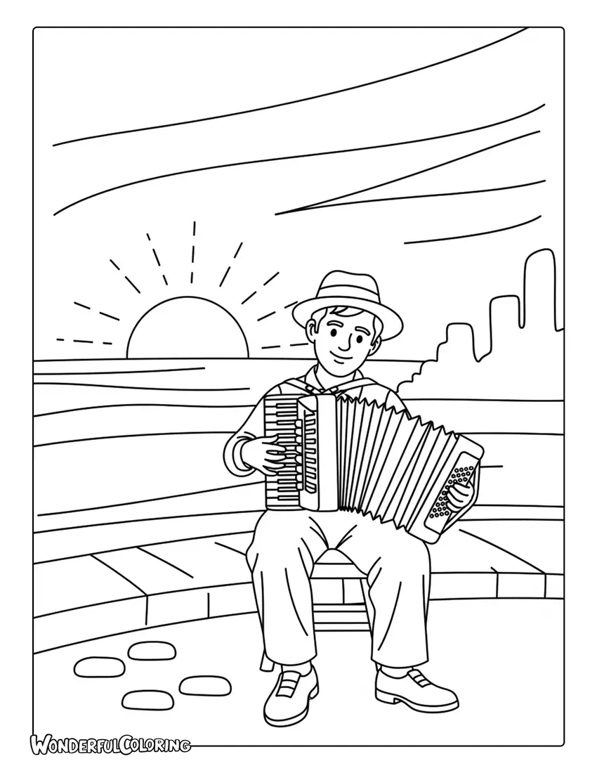 Accordion player by the Seine at sunset Paris coloring page