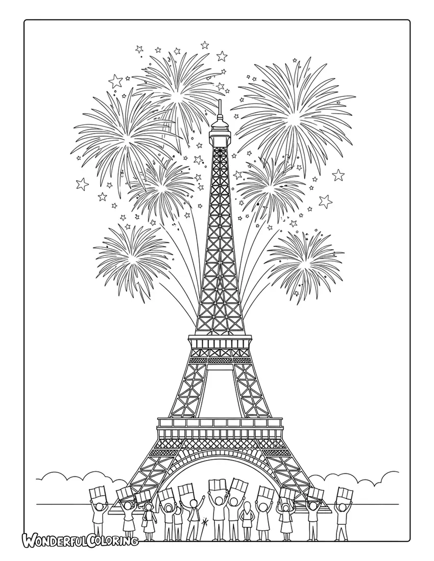 Bastille Day fireworks over Eiffel Tower Paris coloring page