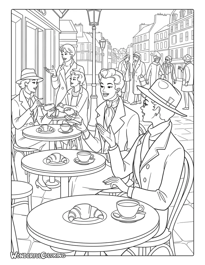 Paris outdoor café scene with croissants vintage coloring page