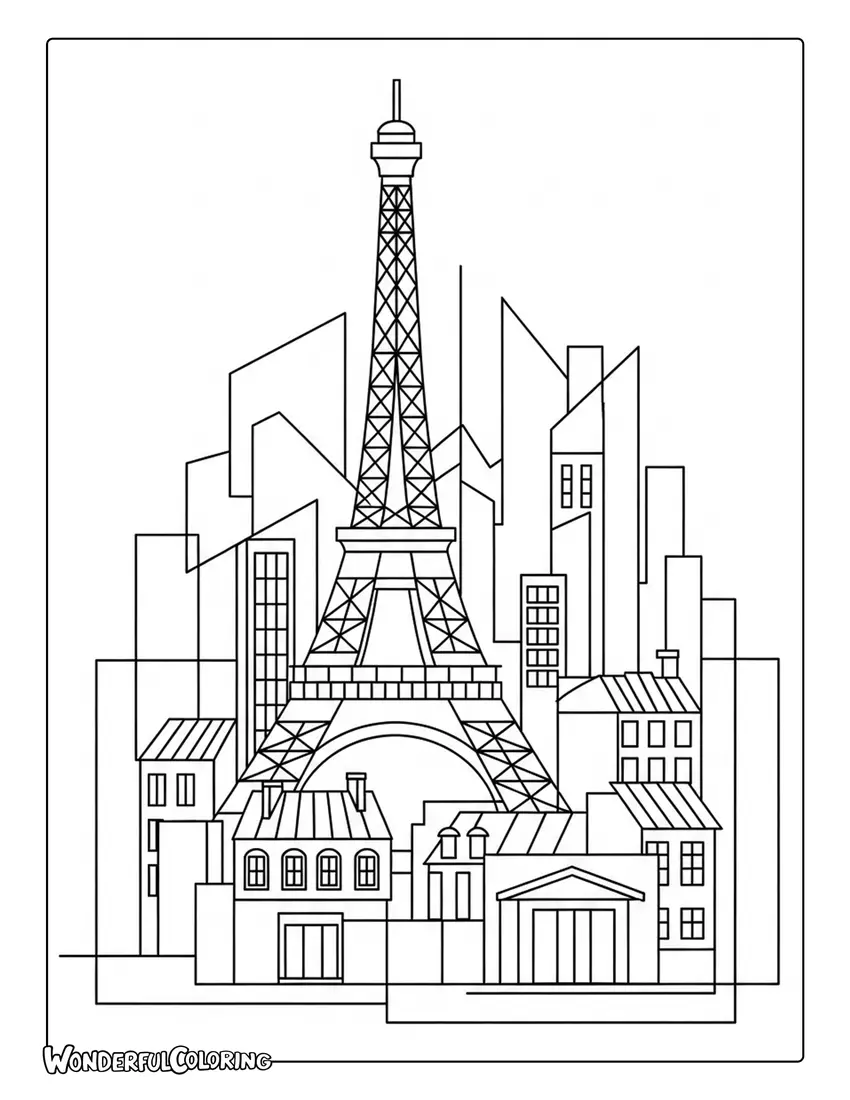 Cubist Eiffel Tower abstract Paris coloring page