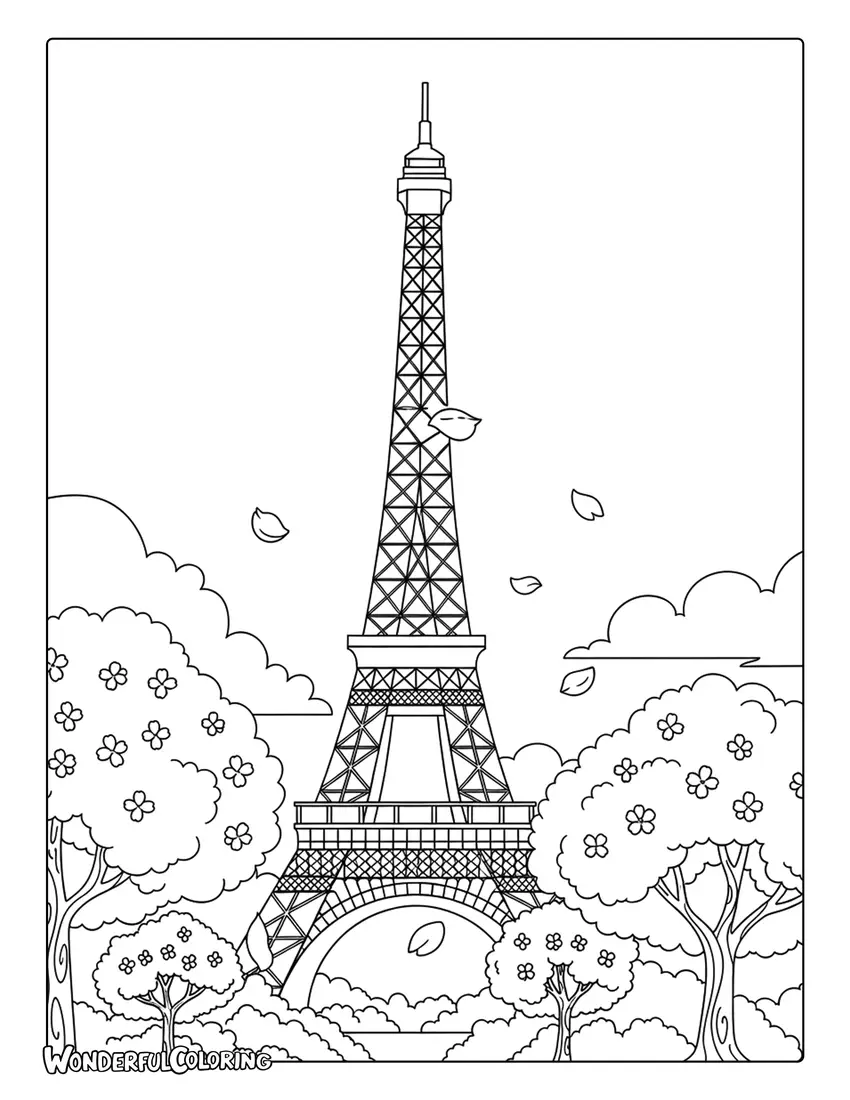 Eiffel Tower with cherry blossoms in spring Paris anime coloring page