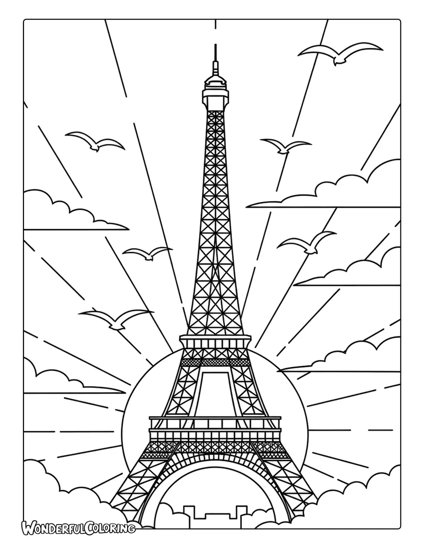 Eiffel Tower at sunrise with birds Paris coloring page