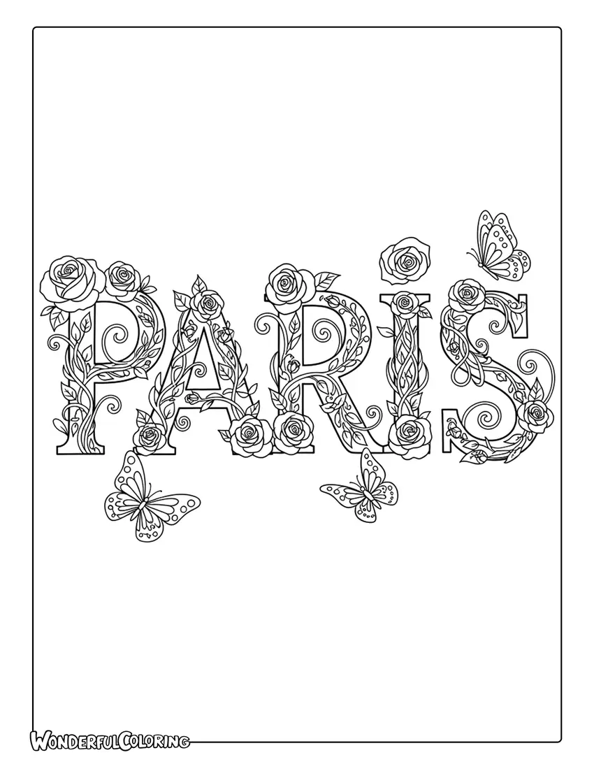 Floral Paris typography design coloring page