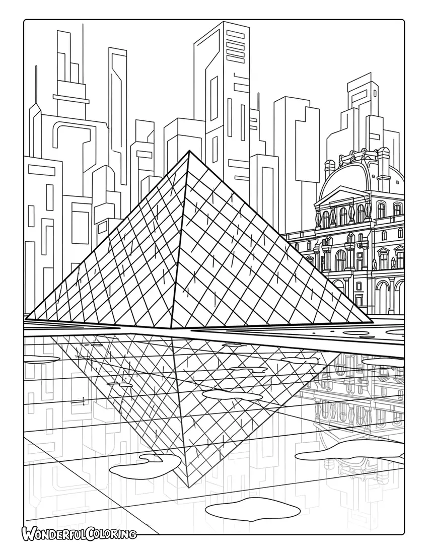 Louvre Pyramid at night Paris cyberpunk coloring page