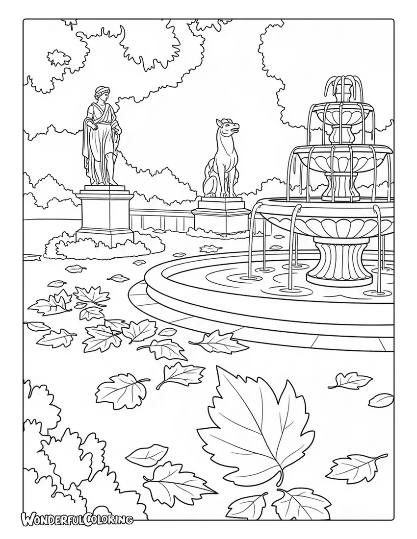 Luxembourg Gardens autumn leaves Paris coloring page