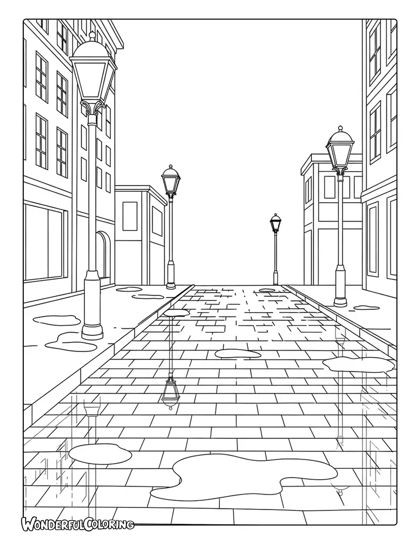 Rainy cobblestone Paris street noir coloring page