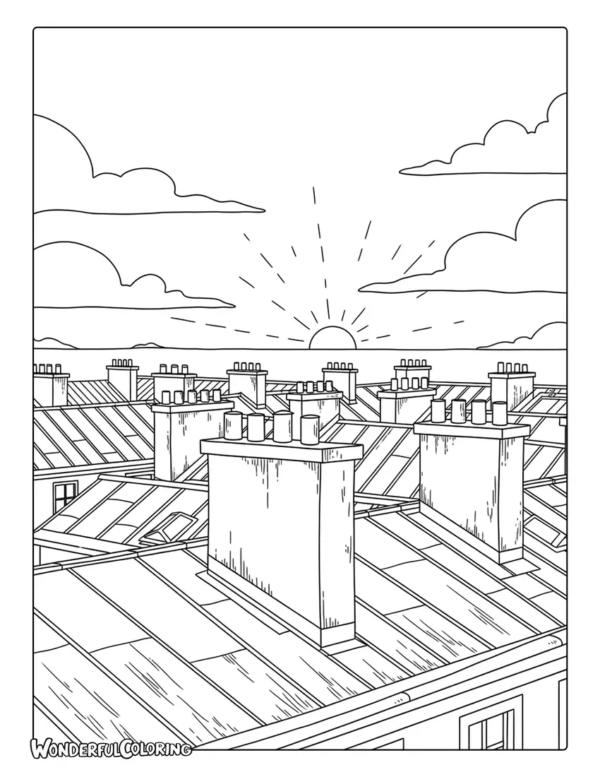 Paris rooftops with chimneys at sunset coloring page