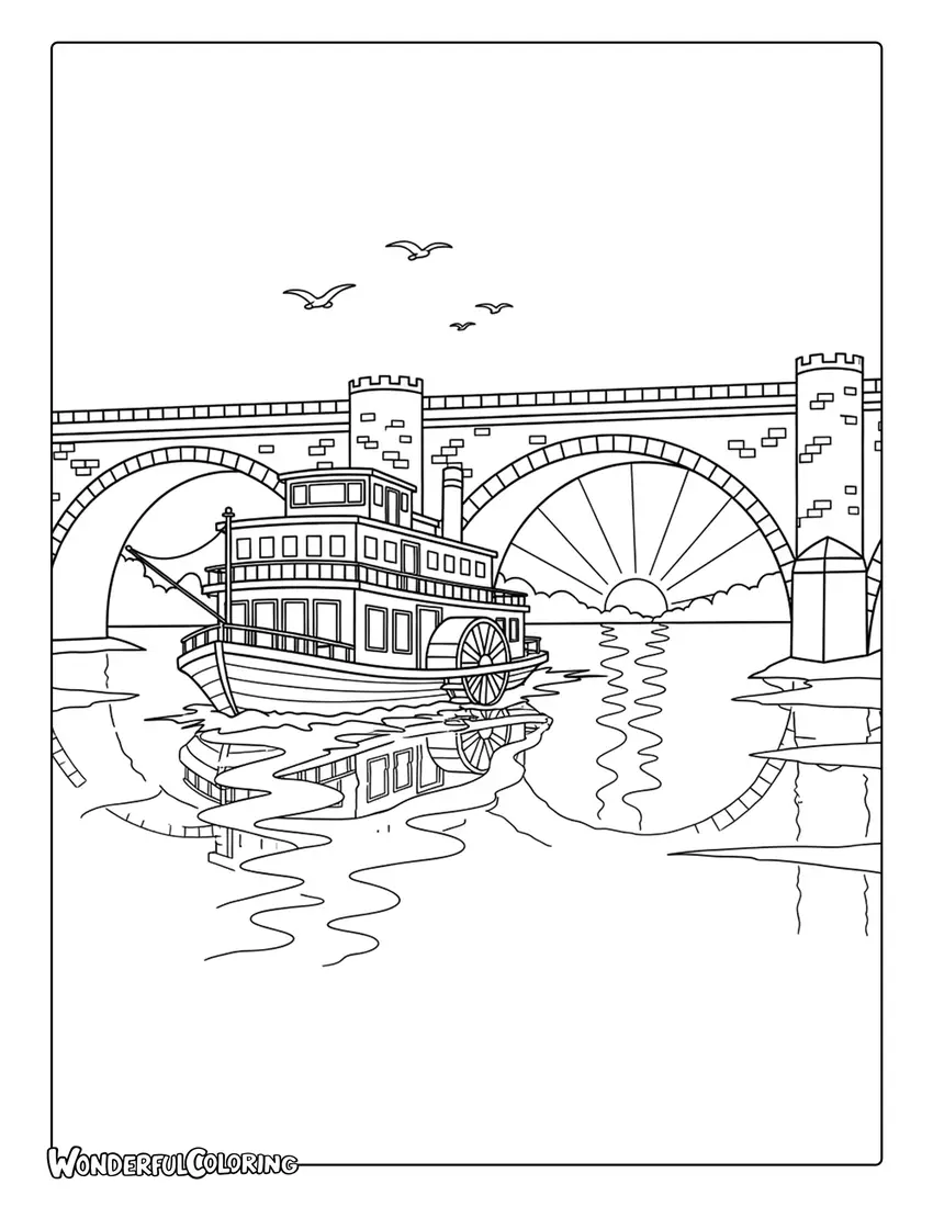 Seine River cruise boat under Paris bridges coloring page