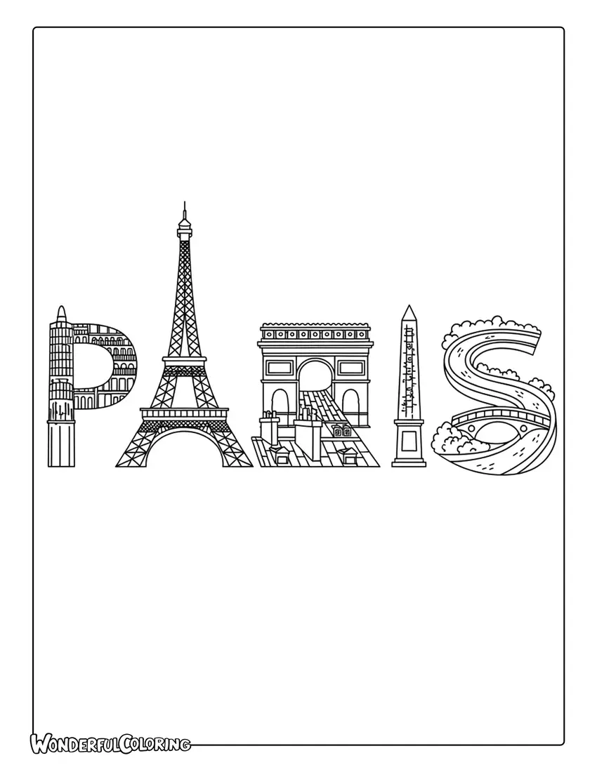 Paris skyline silhouette inside letters coloring page